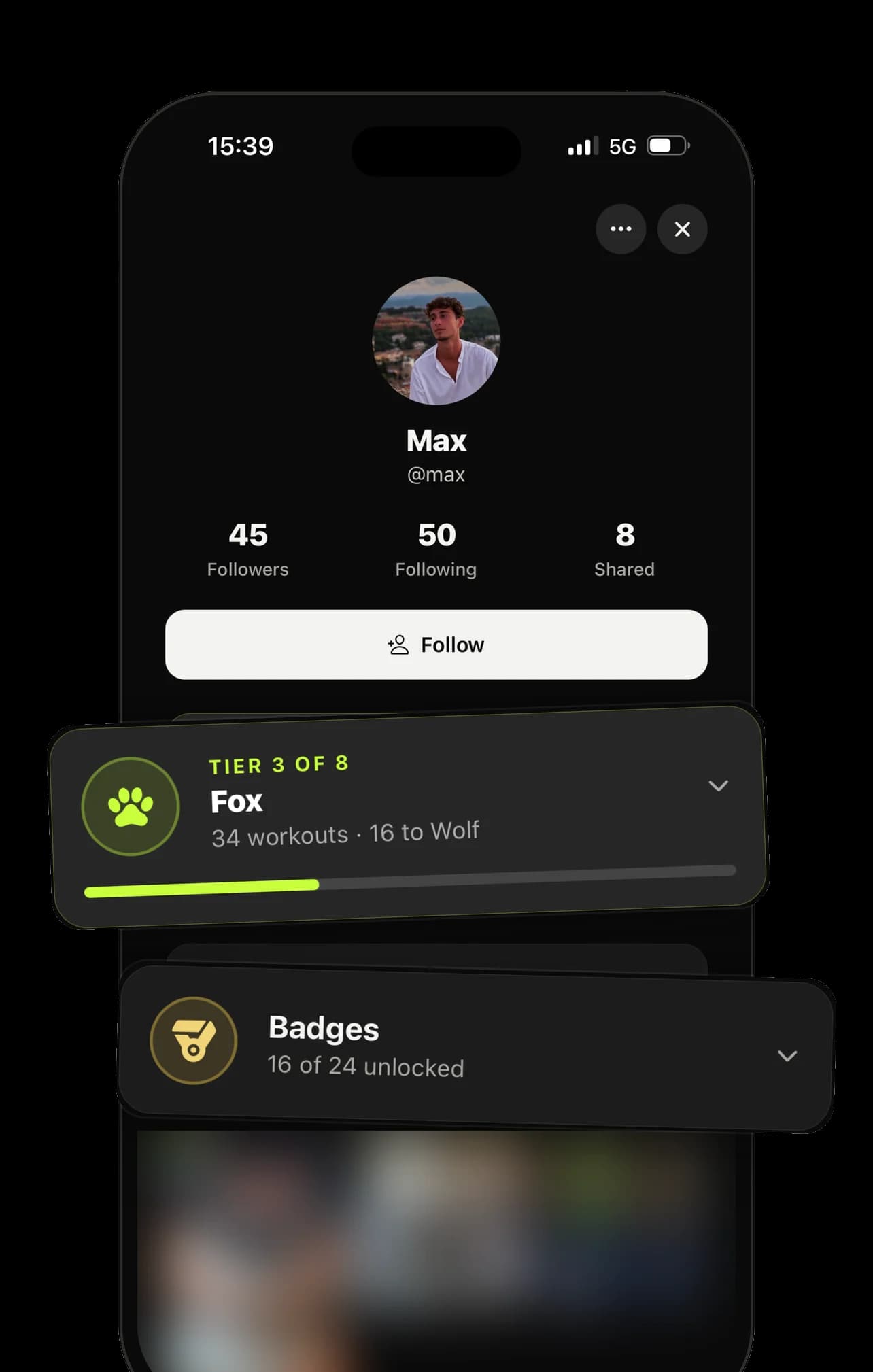 A profile at tier 3 of 8, Fox, 34 workouts in and 16 from Wolf, with 16 of 24 badges unlocked.